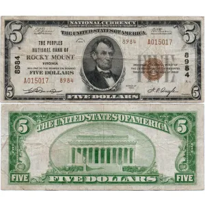 1929 T.2 $5 Peoples National Bank of Rocky Mount, VA Charter 8984 - Fine 