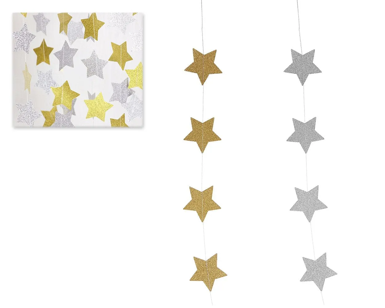 2 Pcs Sparkling Star Garlands Bunting for Wedding or Parties - Gold and Silver