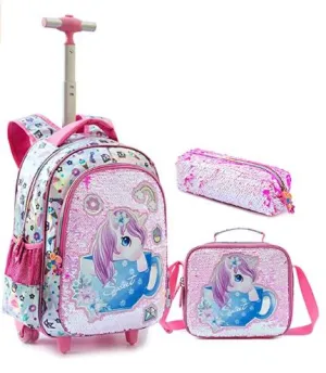 3D Unicorn Design Kids Girls School Trolley Backpack Set