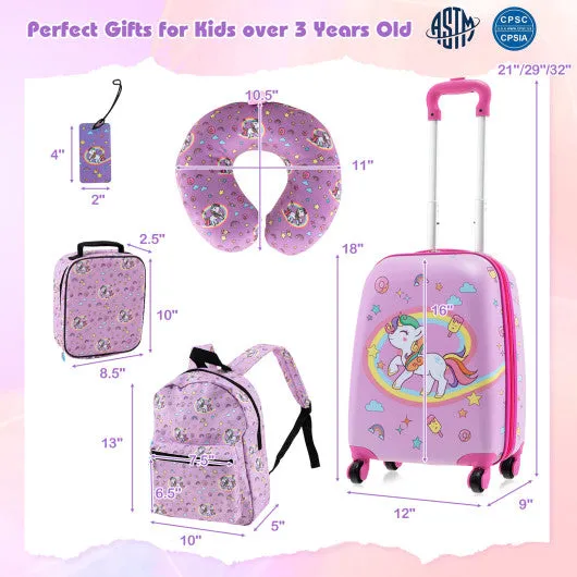 5 Piece Kids Luggage Set with Backpack  Neck Pillow  Name Tag  Lunch Bag-Hot Pink