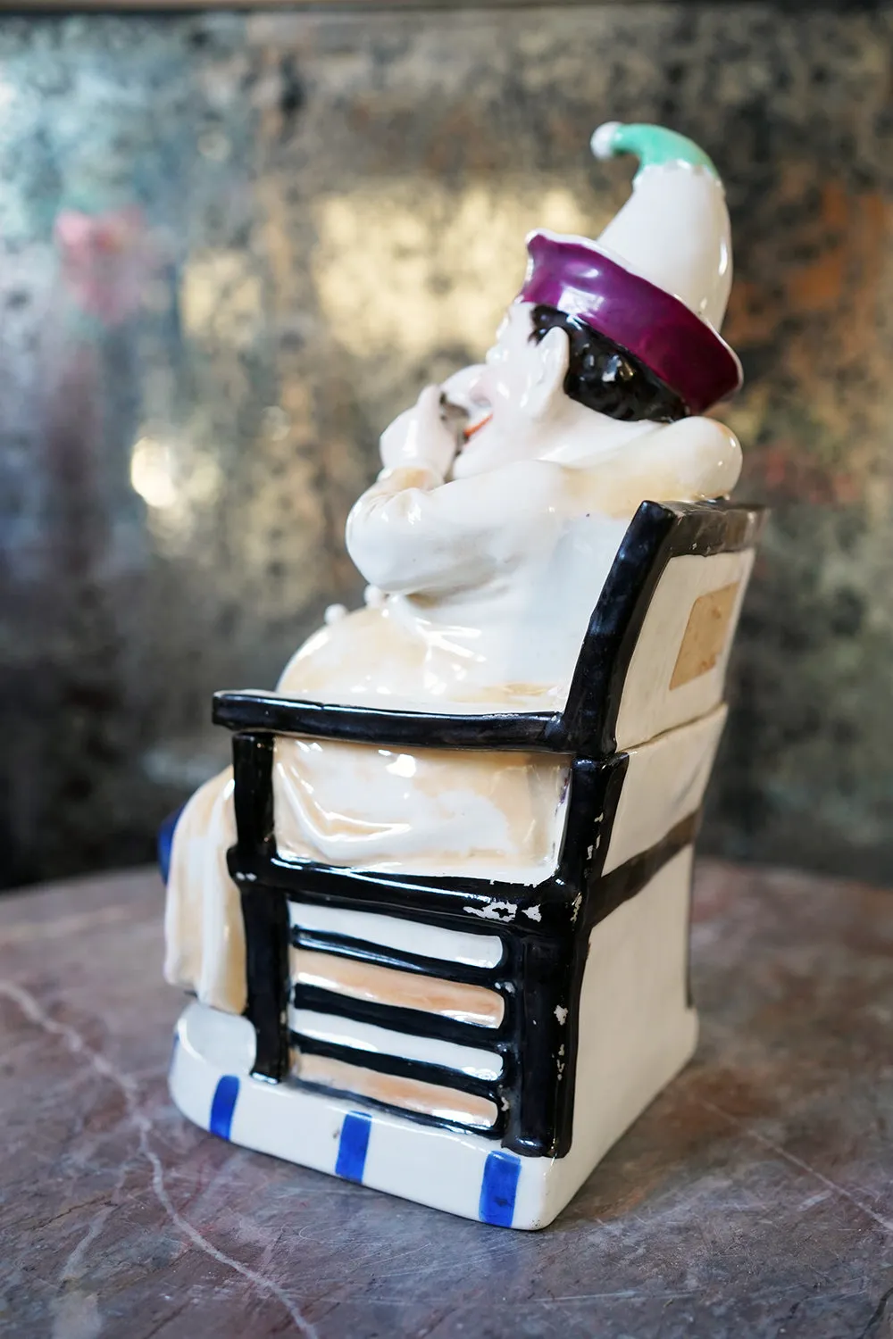 A 19thC Continental Hard Paste Porcelain Figural Lidded Jar as Mr Punch