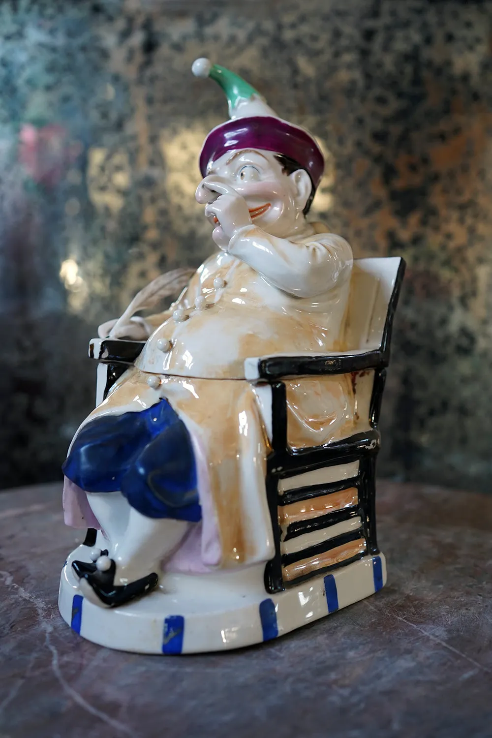 A 19thC Continental Hard Paste Porcelain Figural Lidded Jar as Mr Punch