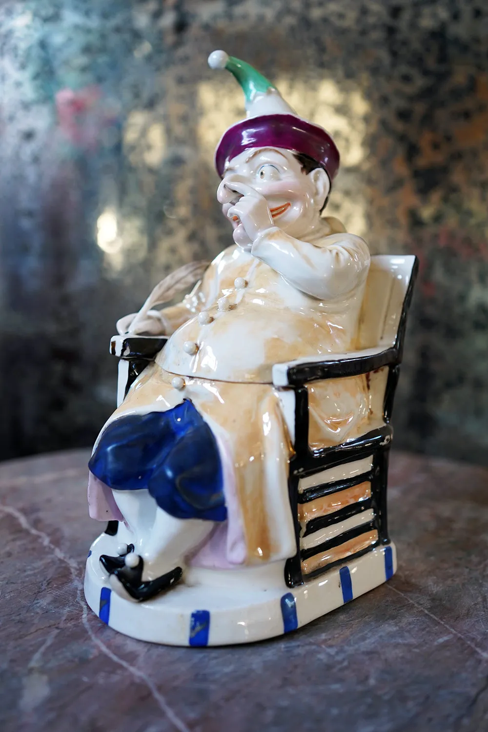 A 19thC Continental Hard Paste Porcelain Figural Lidded Jar as Mr Punch