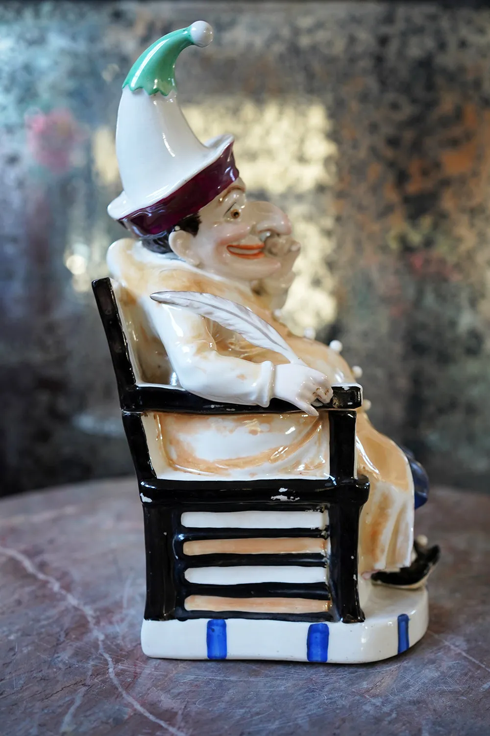 A 19thC Continental Hard Paste Porcelain Figural Lidded Jar as Mr Punch