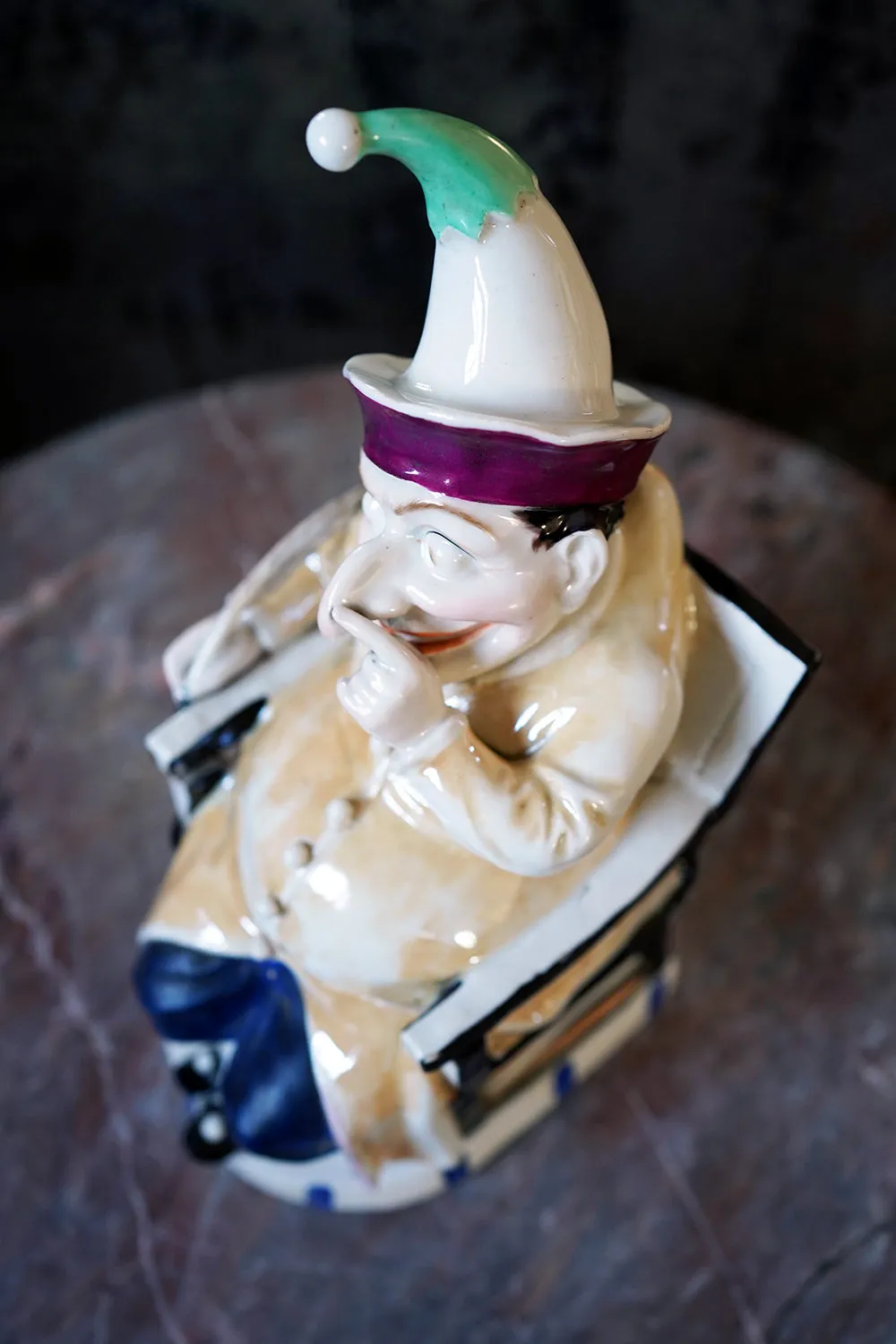 A 19thC Continental Hard Paste Porcelain Figural Lidded Jar as Mr Punch