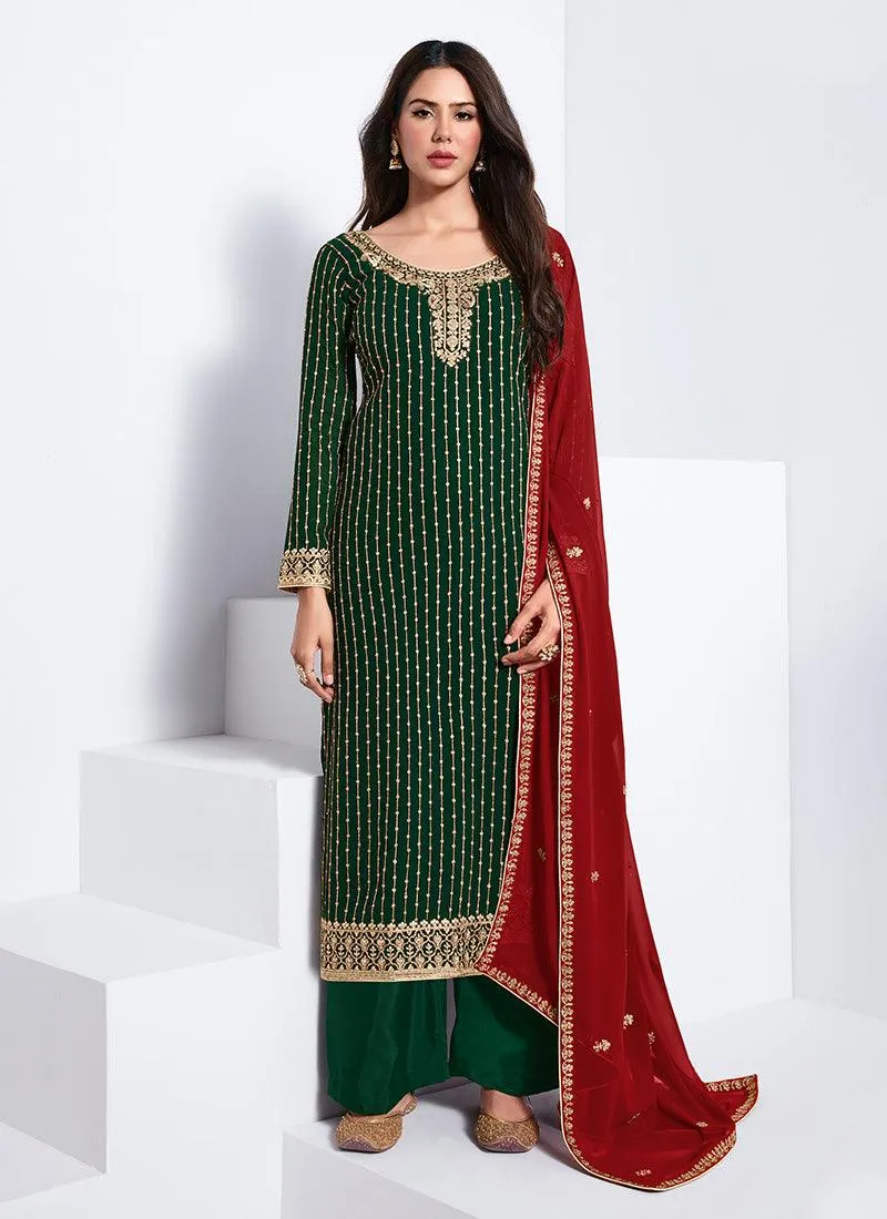 Adorable Look Dark Green Color Zari Work Pant Style Salwar Suit