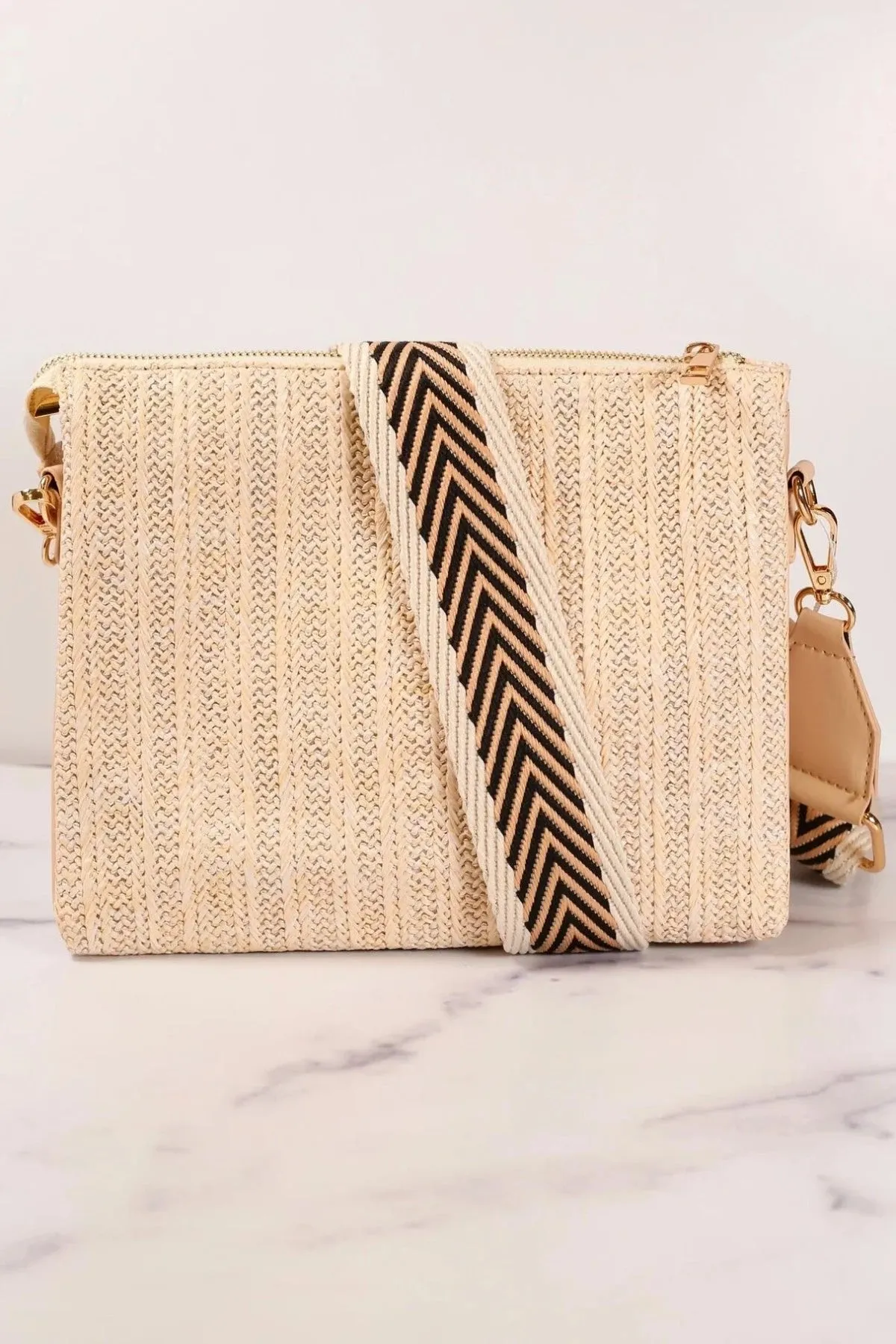 Ariana Chain Detail Straw Crossbody Bag