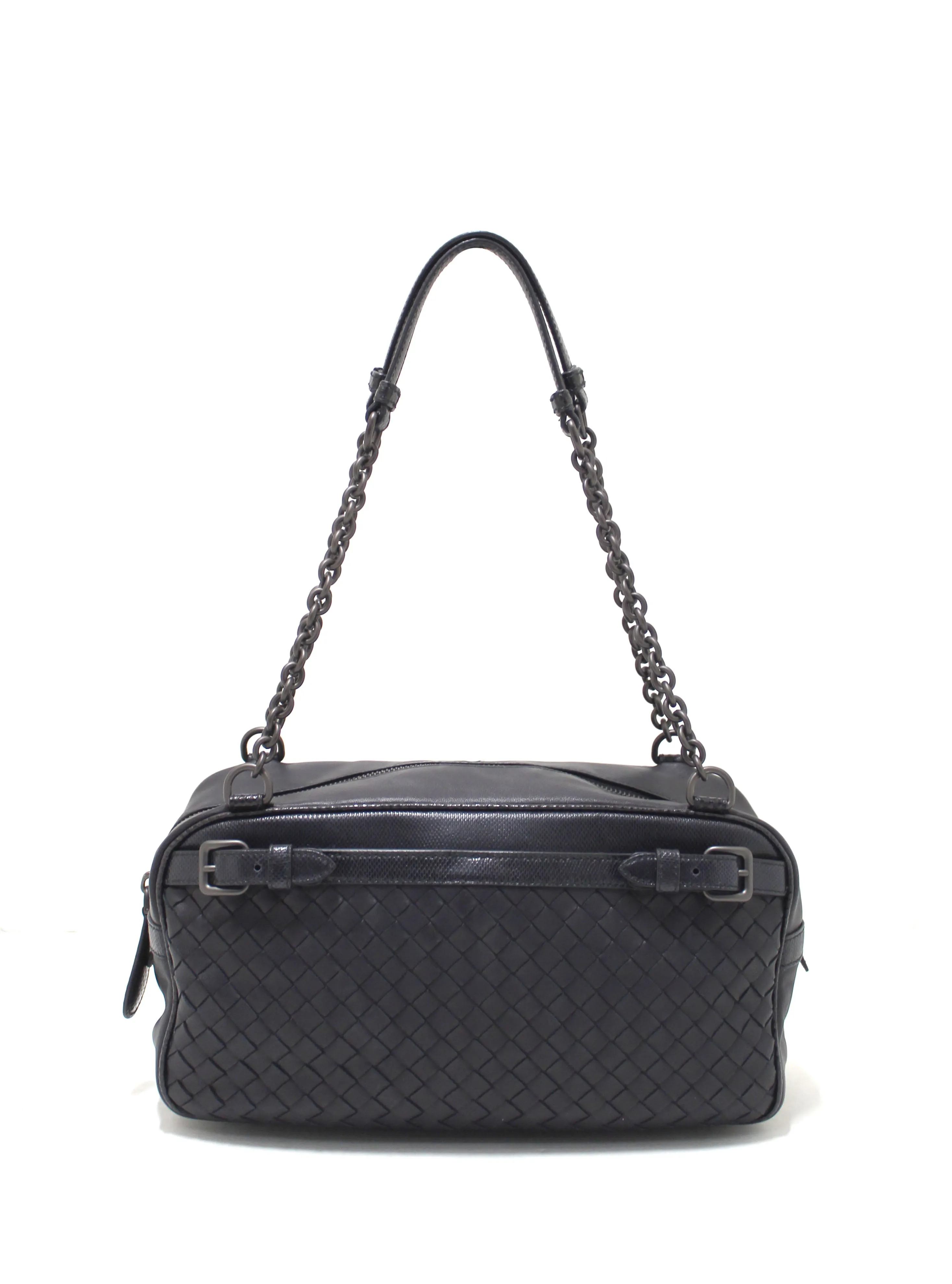 Authentic Bottega Veneta Black Nappa Intrecciato Woven Leather Double Chain Shoulder Bag