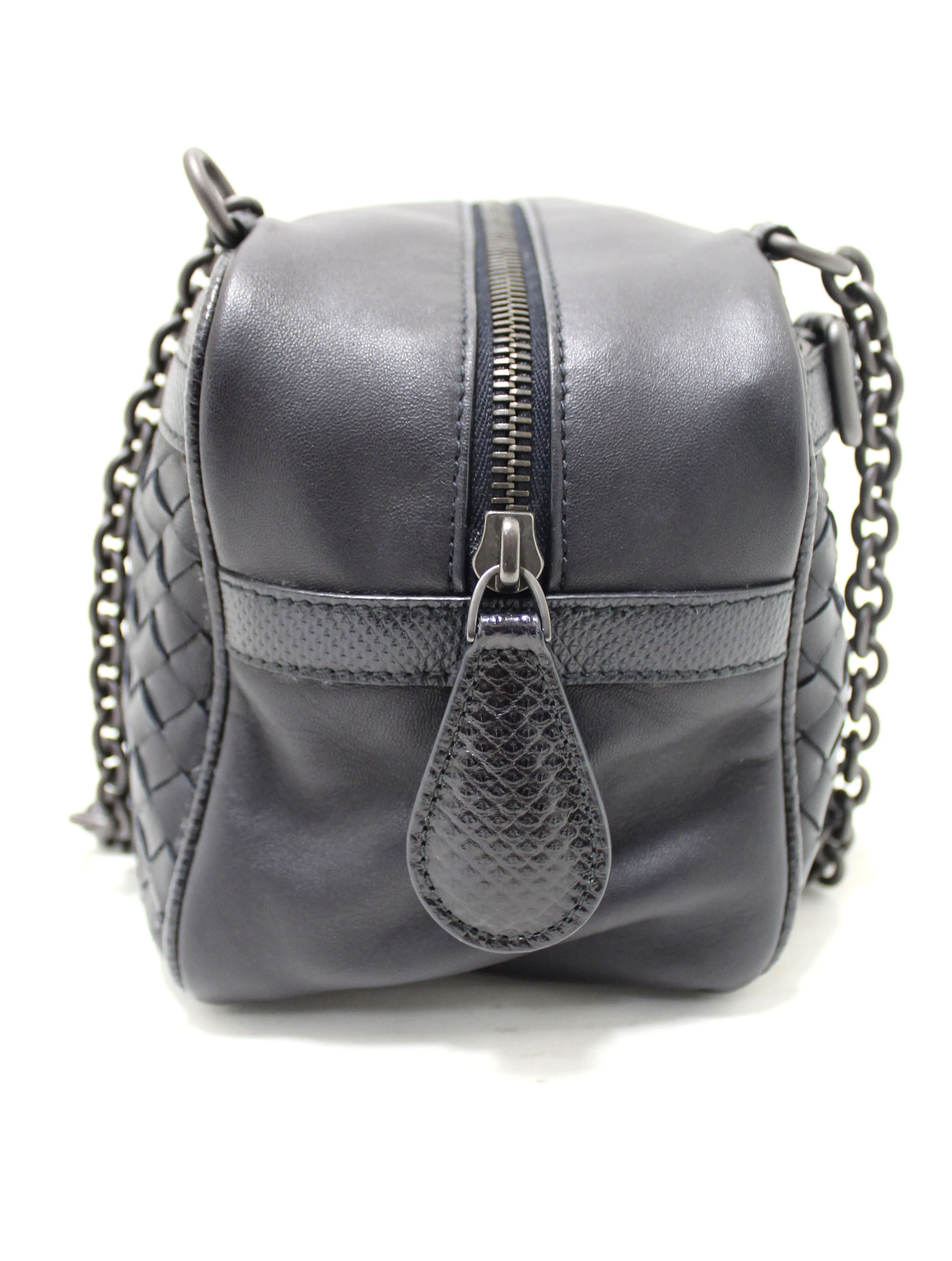 Authentic Bottega Veneta Black Nappa Intrecciato Woven Leather Double Chain Shoulder Bag