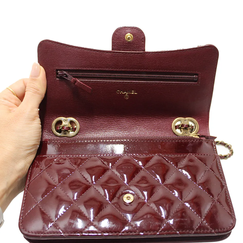 Authentic Chanel Burgundy Patent Leather Wallet on Chain WOC Messenger Bag