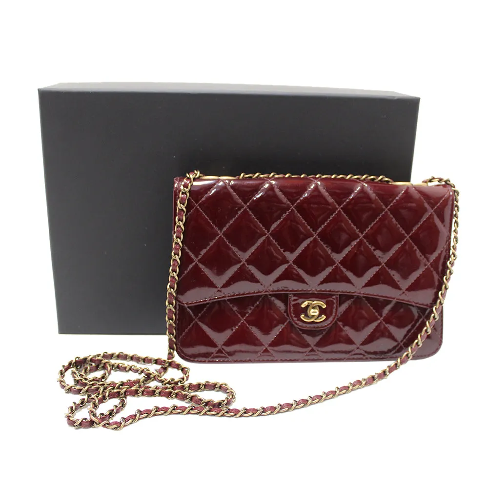 Authentic Chanel Burgundy Patent Leather Wallet on Chain WOC Messenger Bag