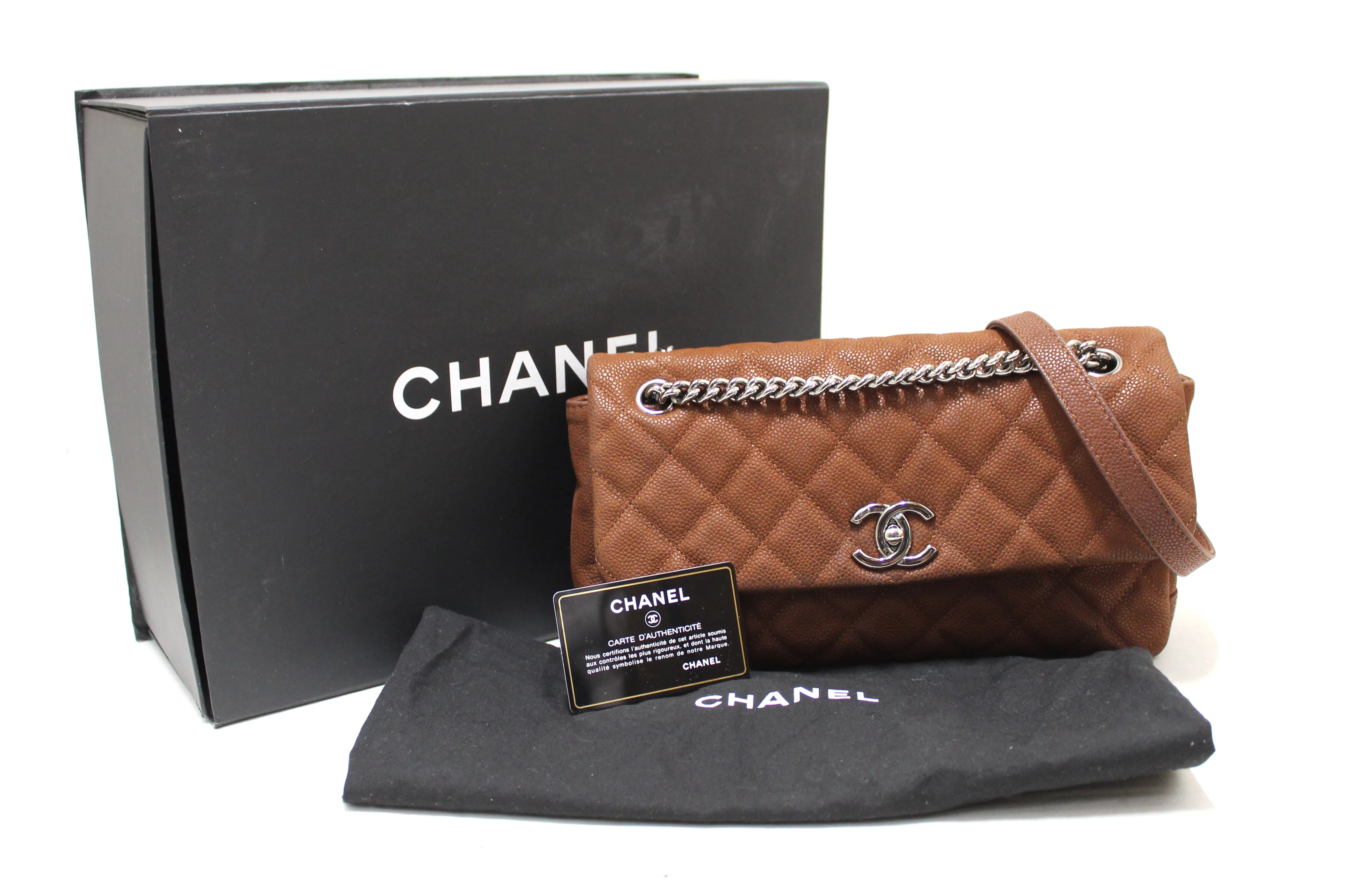 Authentic Chanel Classic Brown Caviar Leather Jumbo Single Flap bag