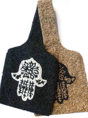 Beaded Wrist Bag Hamsa Black Or Gold