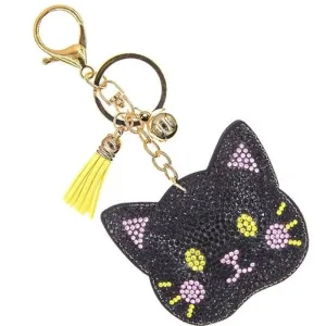 Bling Crystal Black Cat Head Tassel Keychain Keyring Bag Purse Charm