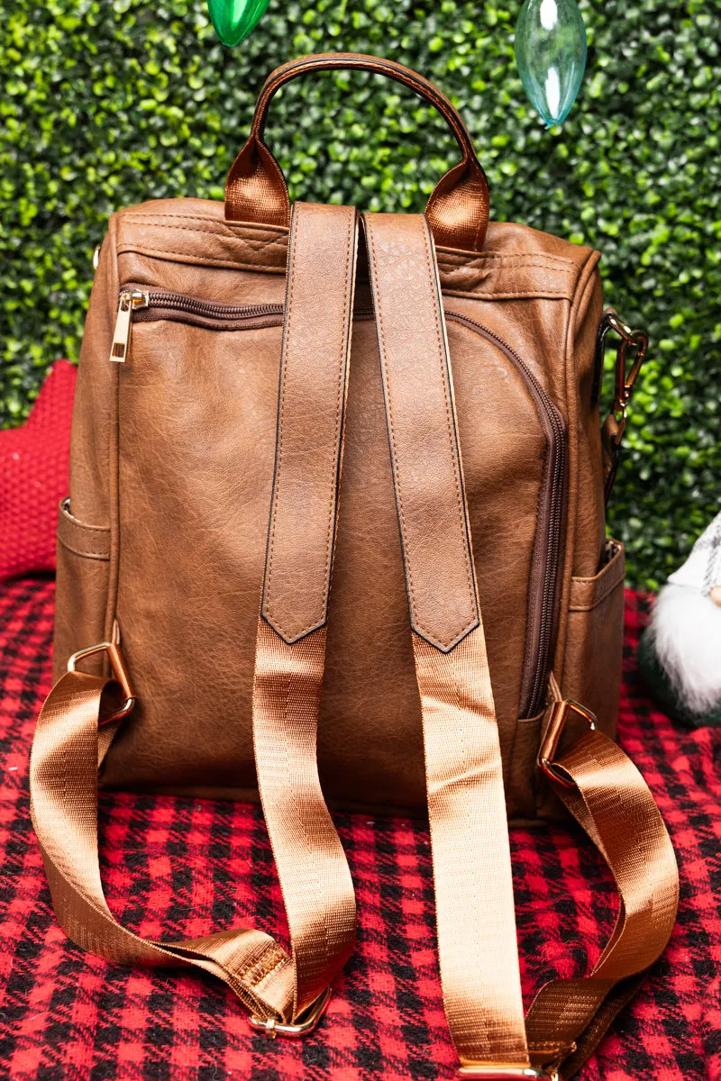 Brown Faux Leather Anti-Theft Backpack Tote