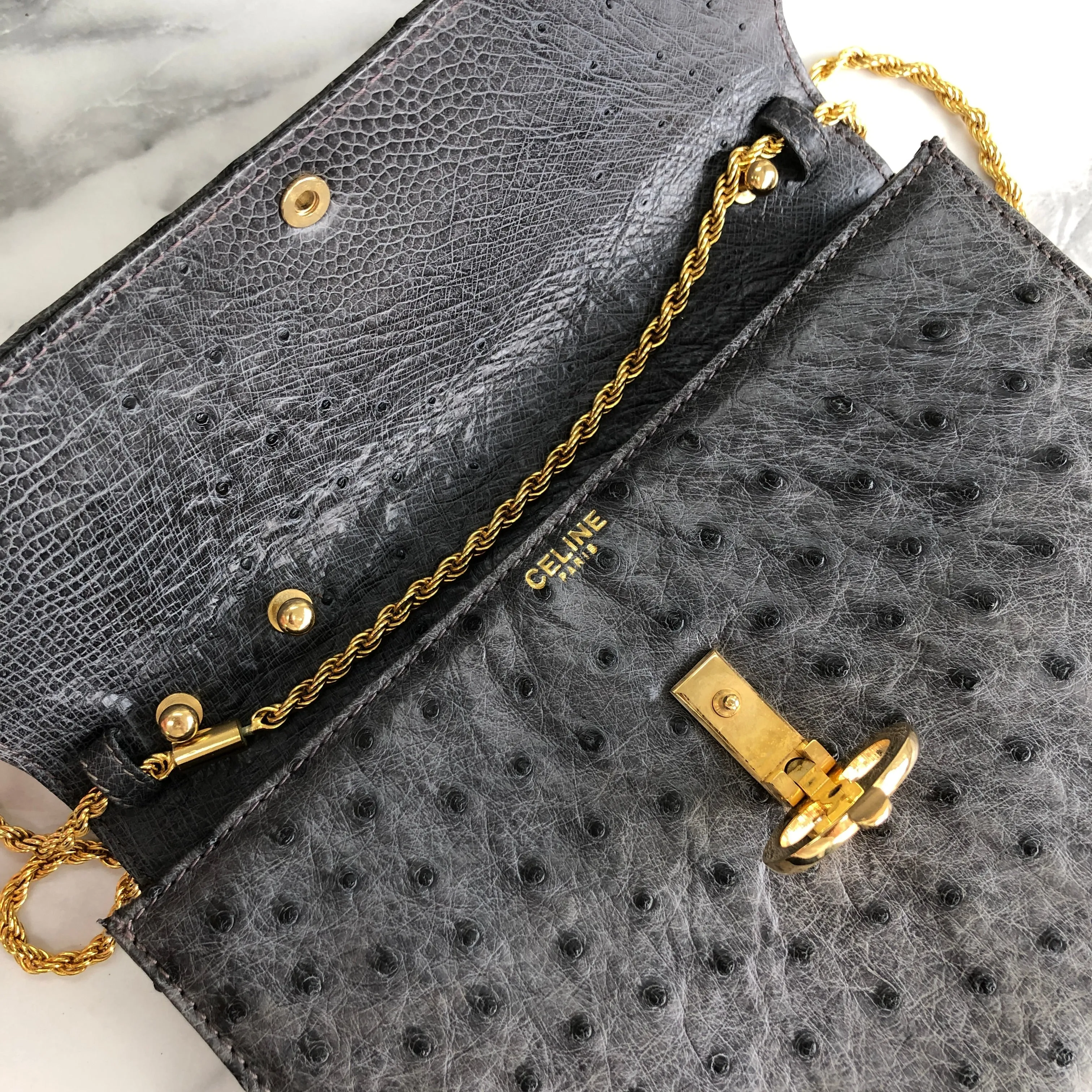 CELINE Blason Triomphe Ostrich Two way Chain Shoulder Bag Clutch bag Gray Old Celine Vintage vybyhv