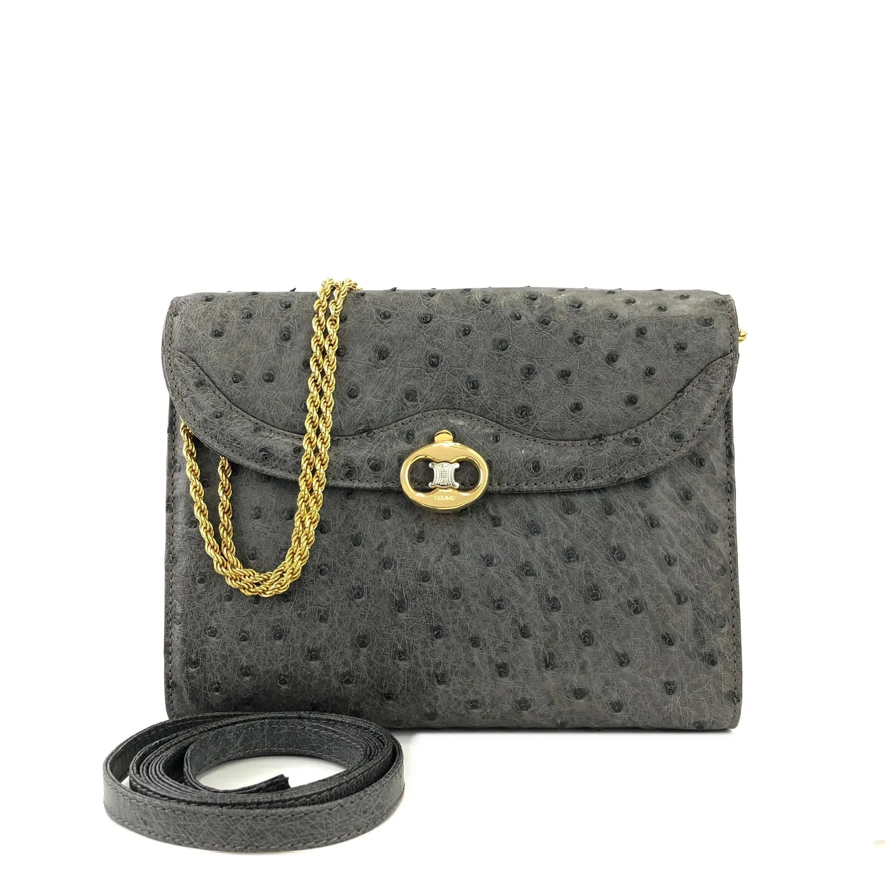 CELINE Blason Triomphe Ostrich Two way Chain Shoulder Bag Clutch bag Gray Old Celine Vintage vybyhv