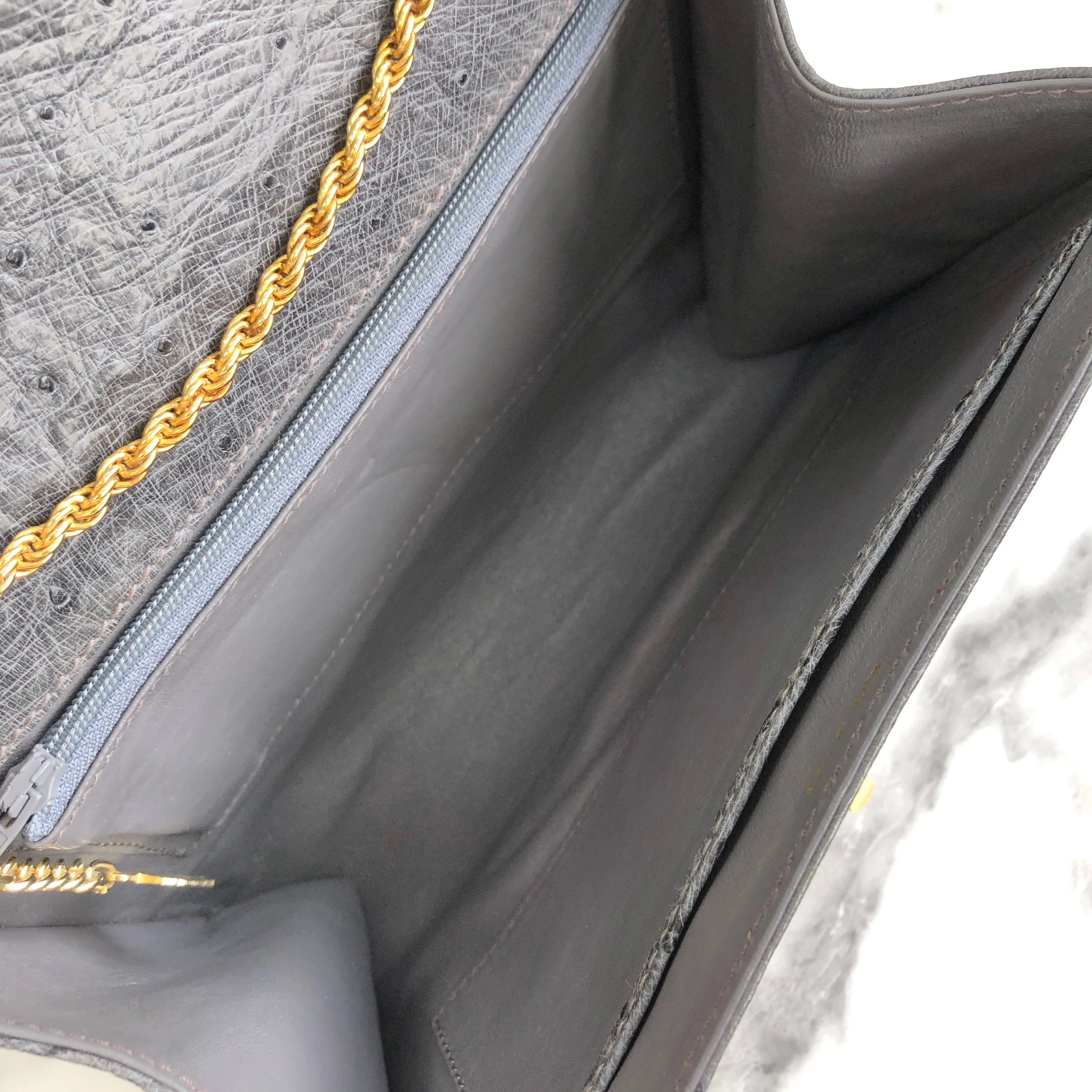 CELINE Blason Triomphe Ostrich Two way Chain Shoulder Bag Clutch bag Gray Old Celine Vintage vybyhv