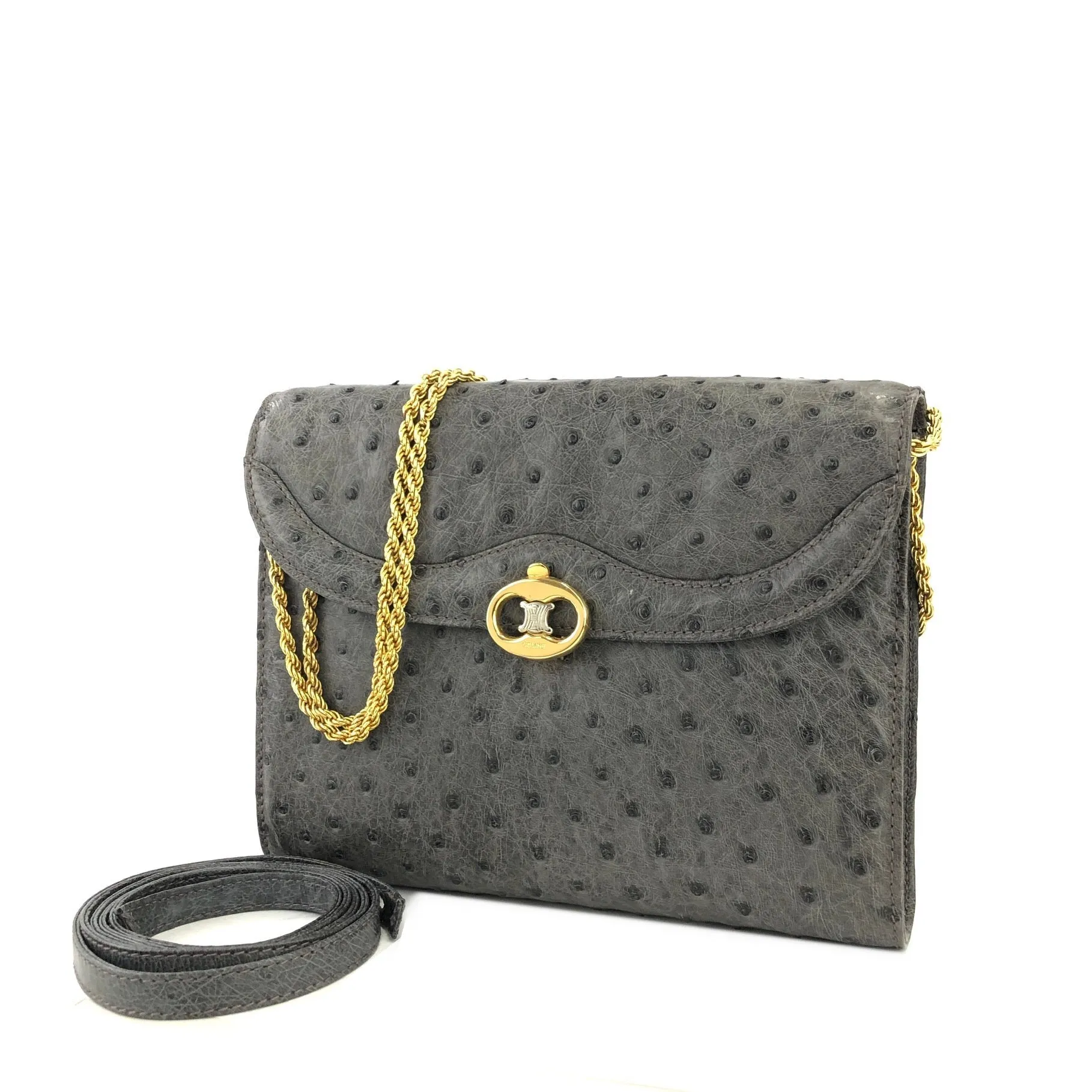 CELINE Blason Triomphe Ostrich Two way Chain Shoulder Bag Clutch bag Gray Old Celine Vintage vybyhv