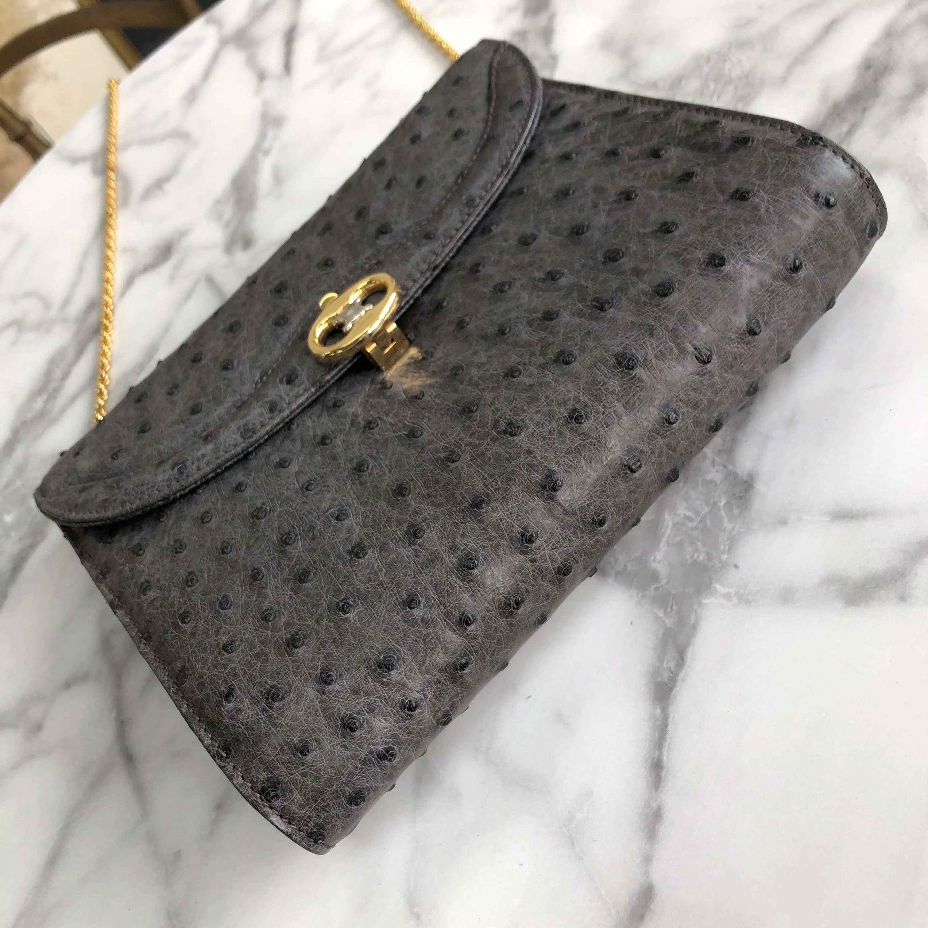 CELINE Blason Triomphe Ostrich Two way Chain Shoulder Bag Clutch bag Gray Old Celine Vintage vybyhv