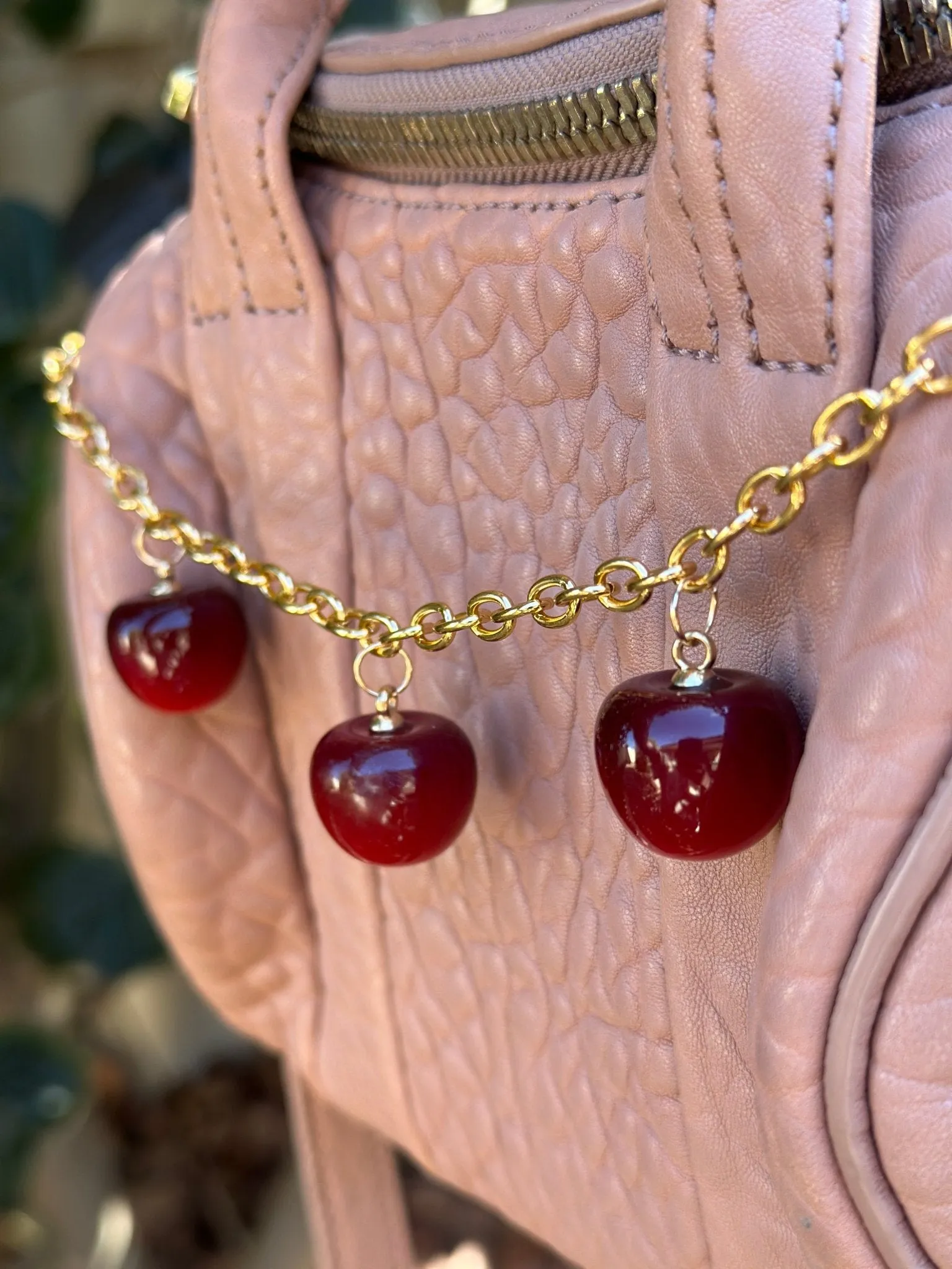 Cherry bag charm | key chain | golden chain with heart bucket | y2k chain | bag lover gift