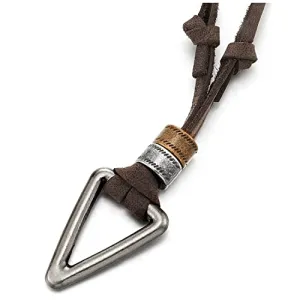 COOLSTEELANDBEYOND Mens Womens Vintage Antique Grey Silver Triangle Charm Pendant Necklace, Brown Leather Cord