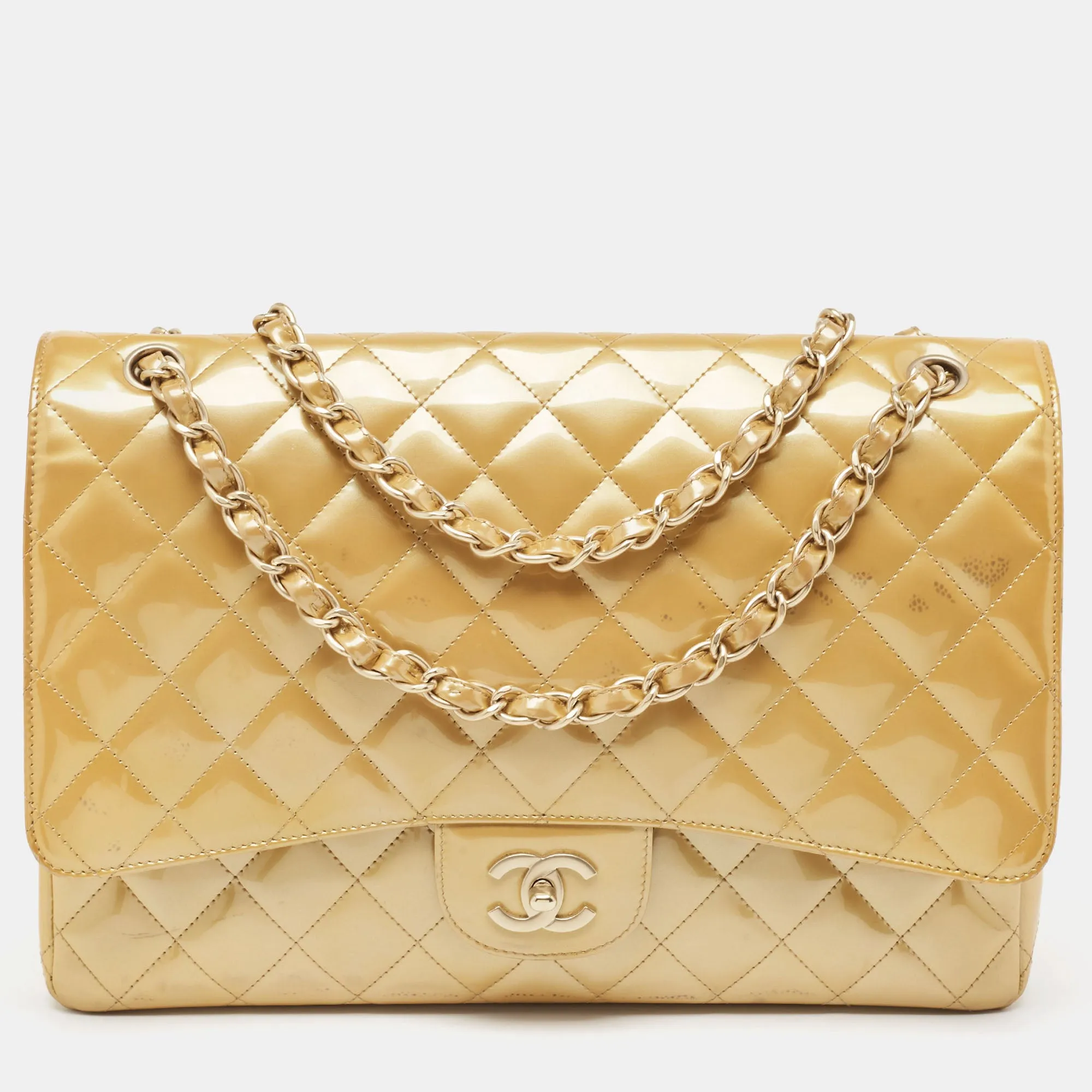 Cream Quilted Patent Leather Maxi Classic Single Flap Bag