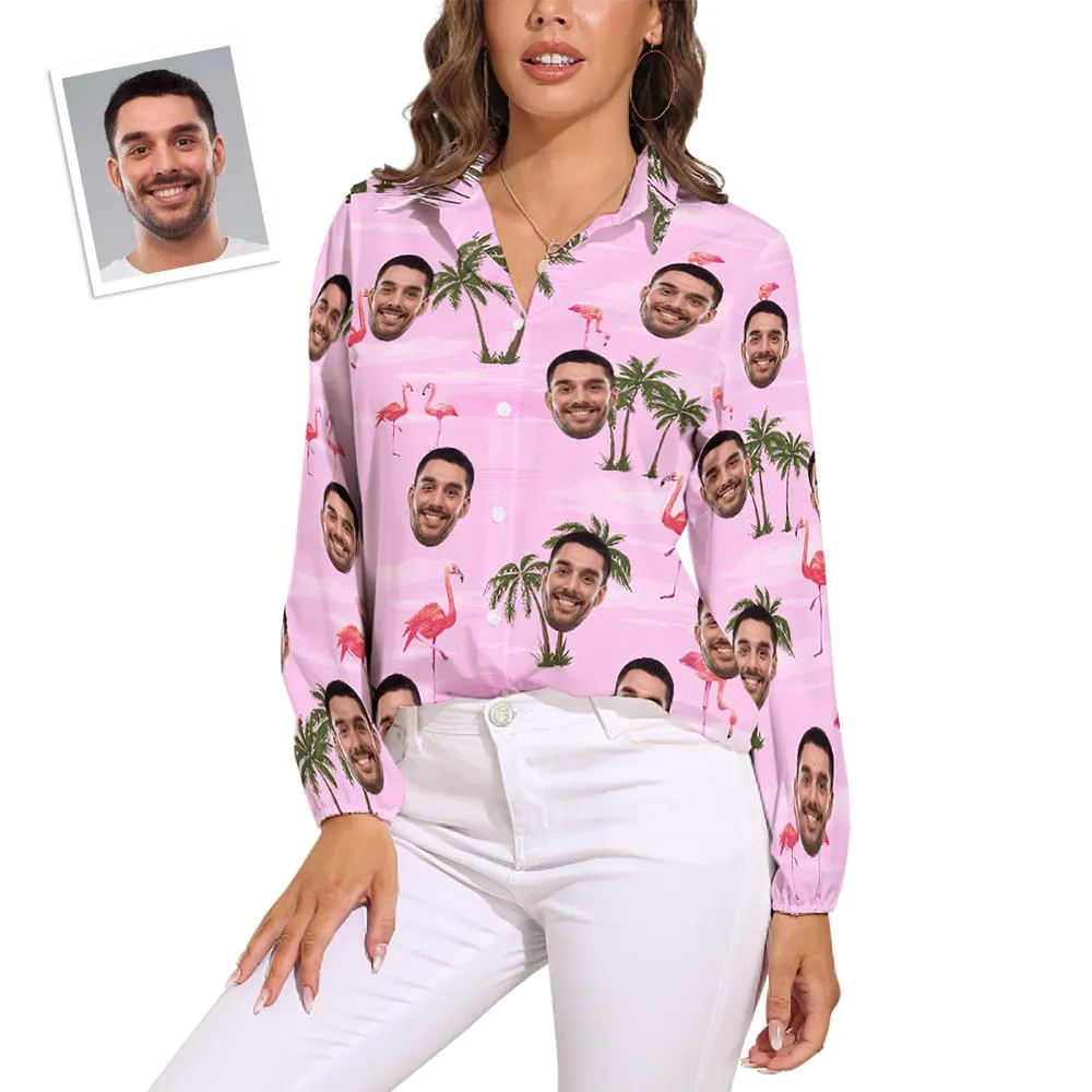 Custom Cat Face Hawaiian Shirts Pink Flamingo Vintage Long Sleeves Hawaiian Shirts for Women