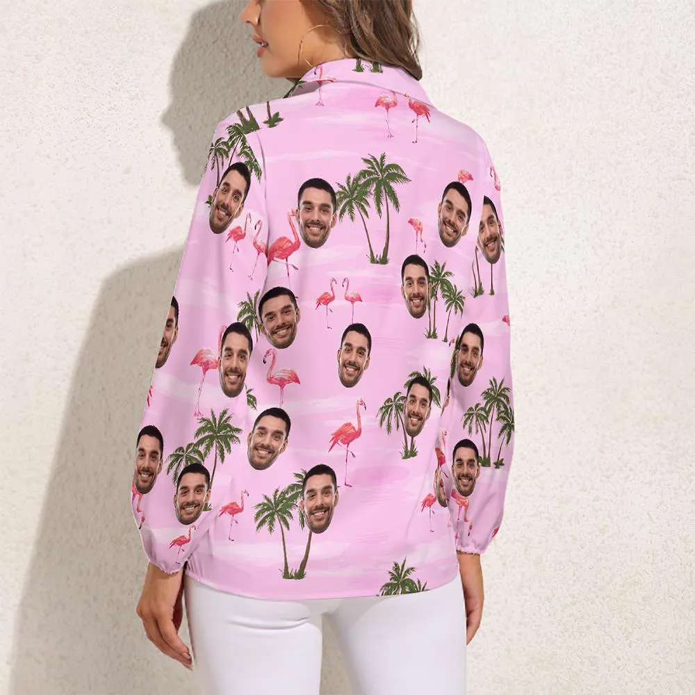 Custom Cat Face Hawaiian Shirts Pink Flamingo Vintage Long Sleeves Hawaiian Shirts for Women