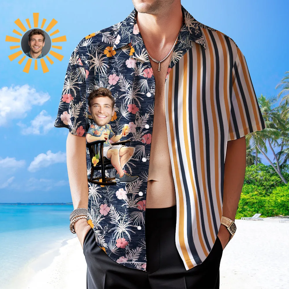 Custom Face Hawaiian Shirt Romantic flowers Men's All Over Print Striped Aloha Shirt