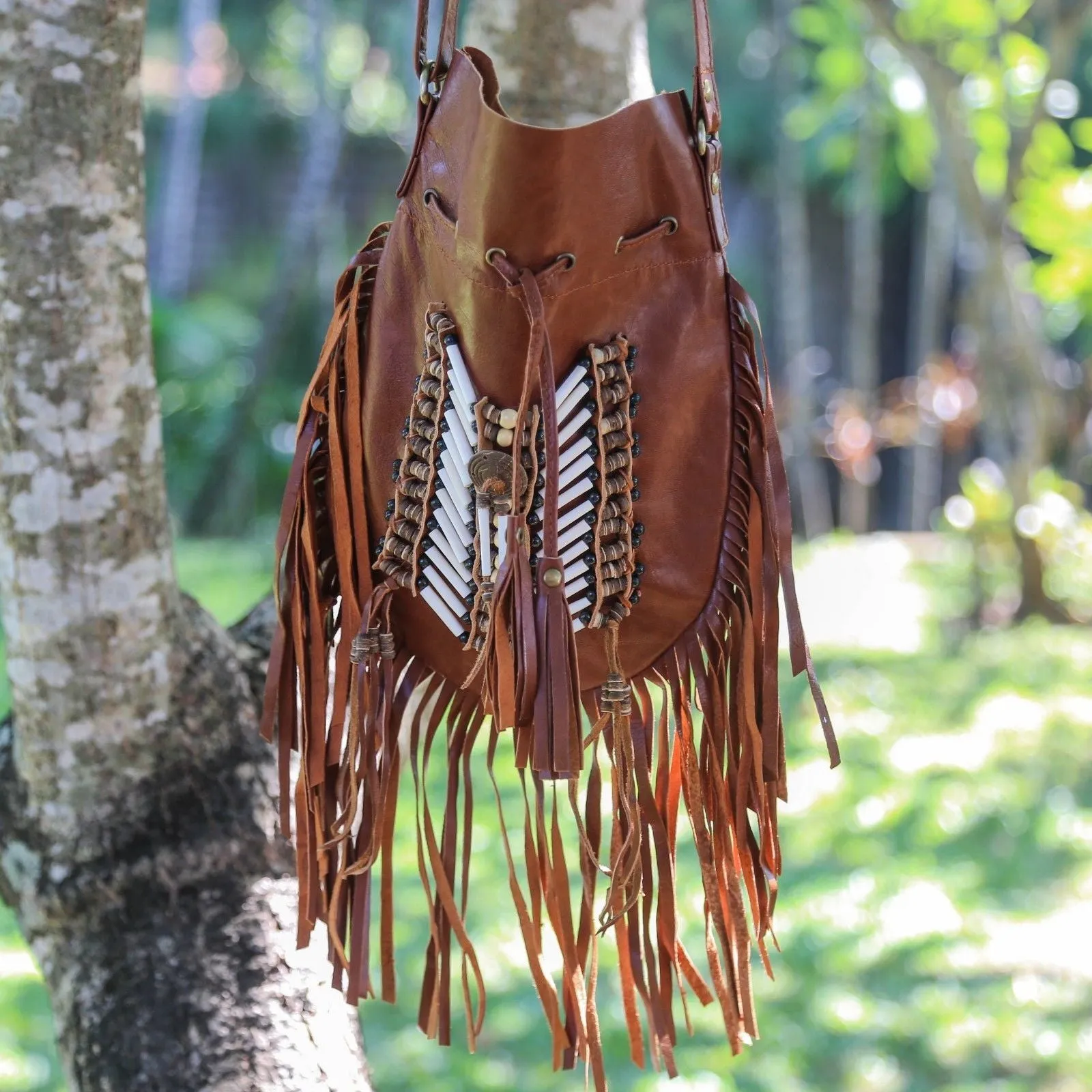 Dreamweaver Genuine Leather Crossbody Purse Boho Fringe Indian Breastplate Drawstring Messenger Bag