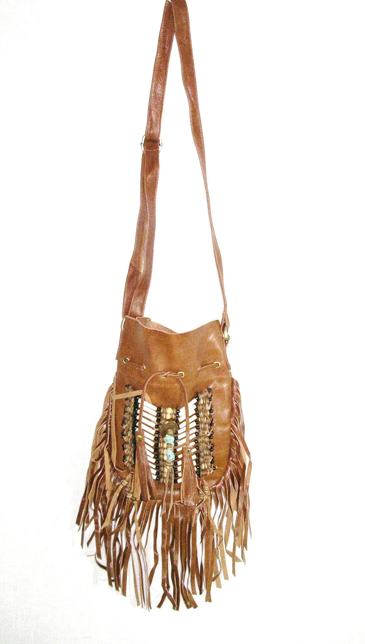 Dreamweaver Genuine Leather Crossbody Purse Boho Fringe Indian Breastplate Drawstring Messenger Bag