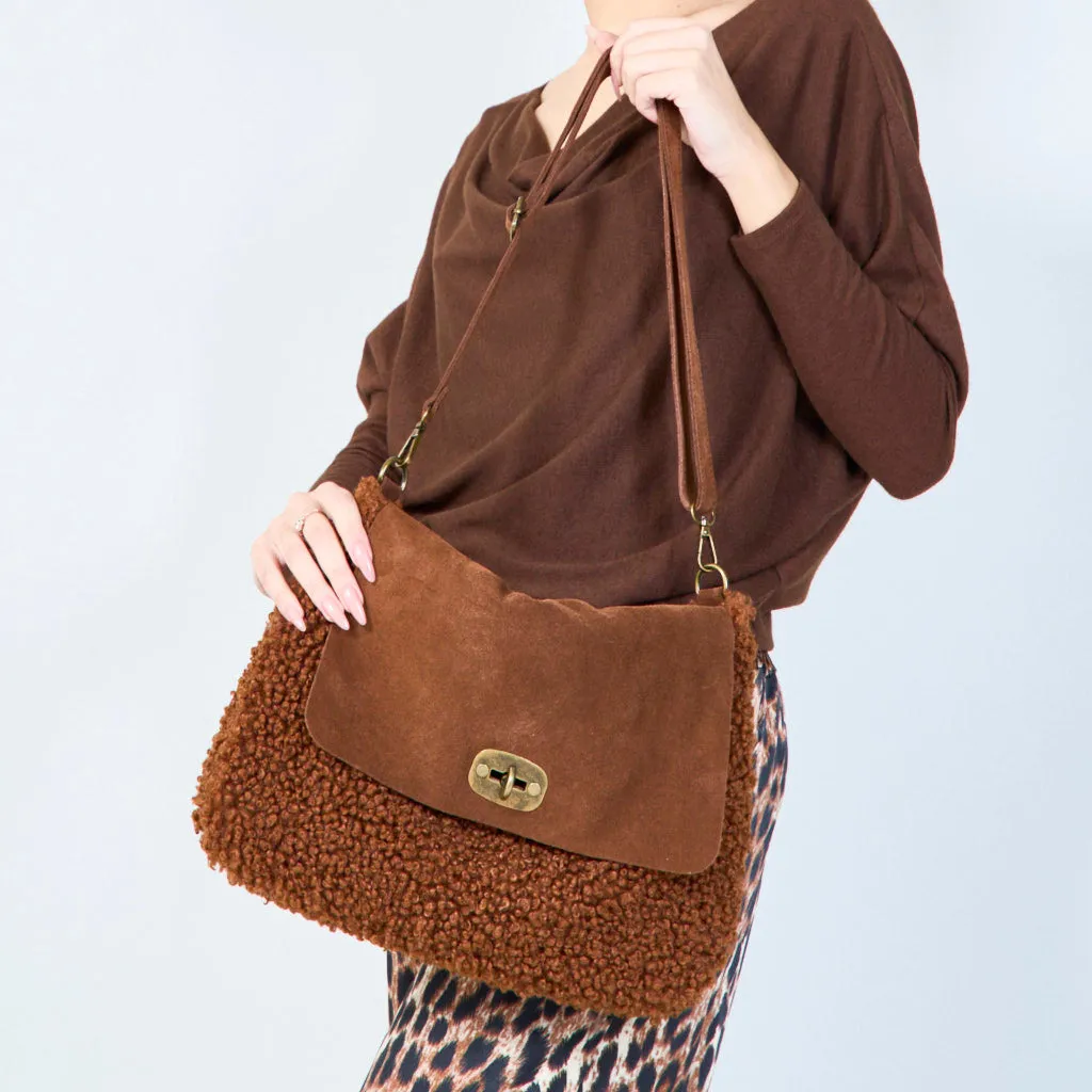 Faux shearling flap bags with twist lock wholesale