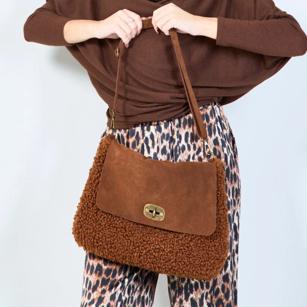 Faux shearling flap bags with twist lock wholesale