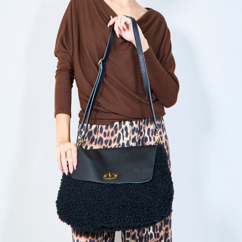 Faux shearling flap bags with twist lock wholesale