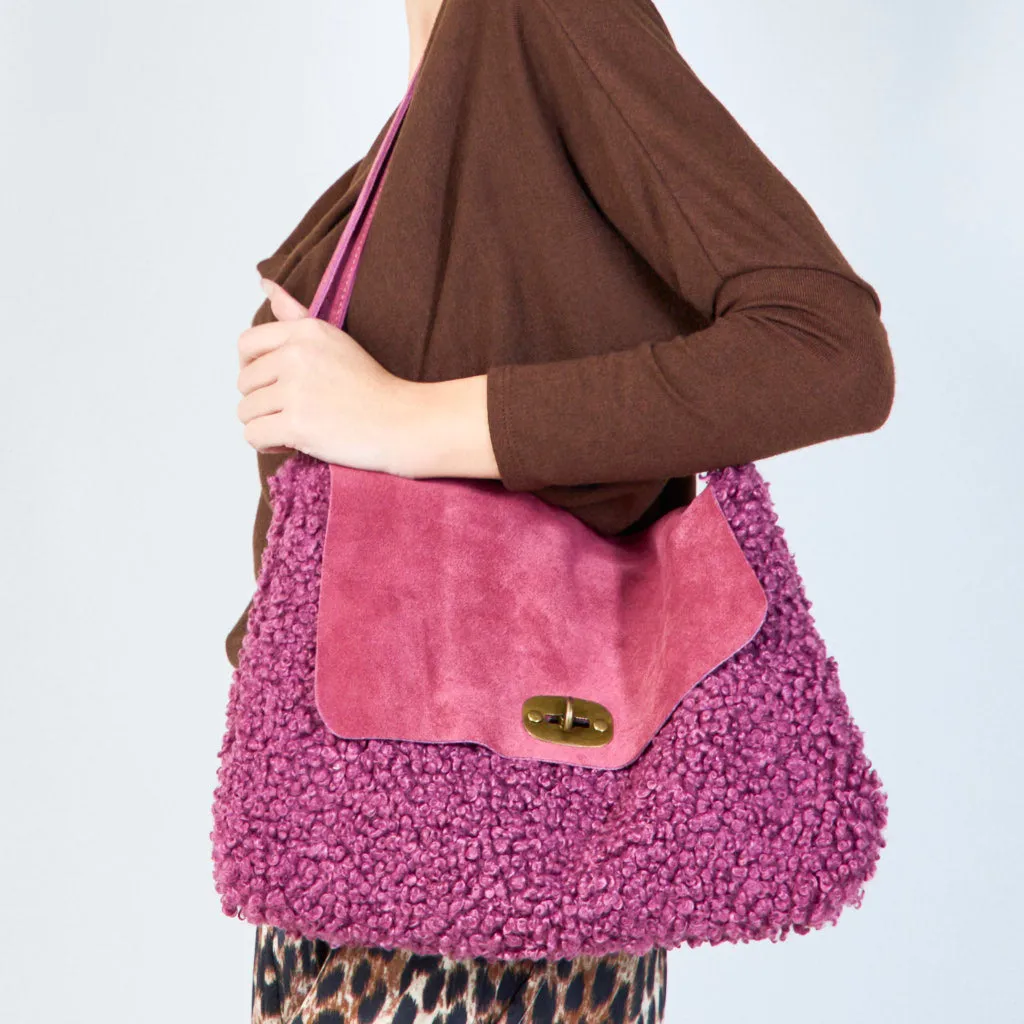 Faux shearling flap bags with twist lock wholesale