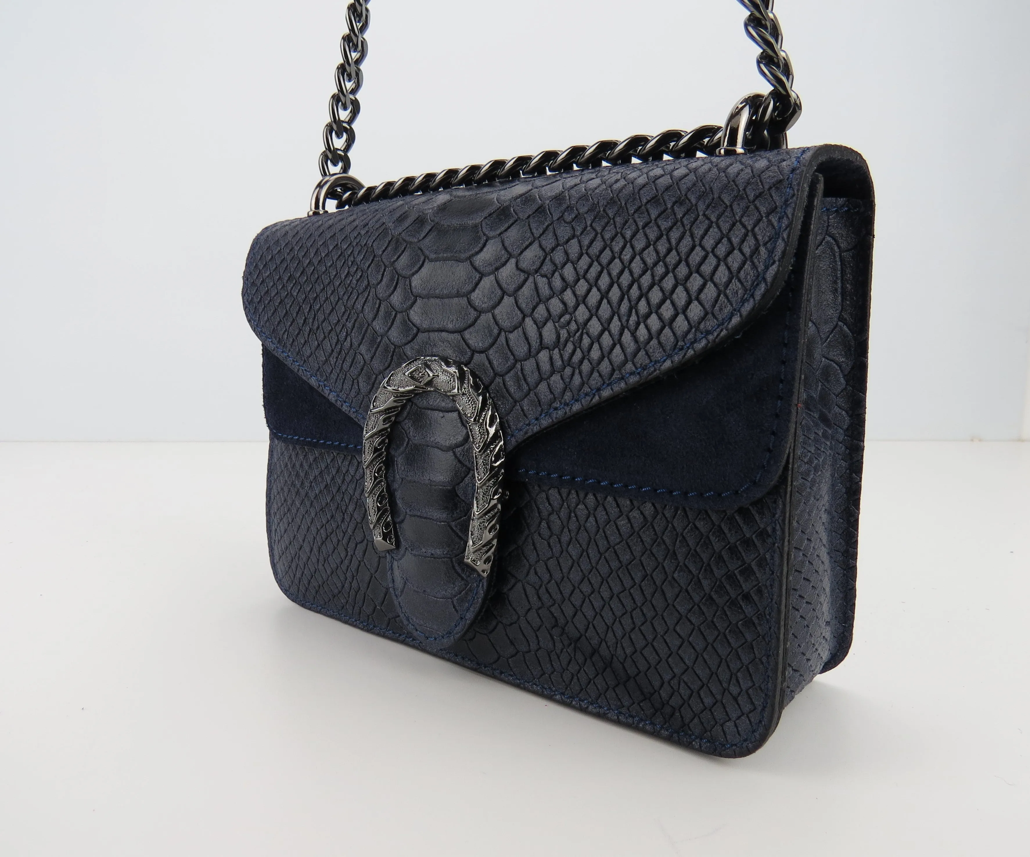 Genuine Leather Snake Effect Navy Handbag Christmas Present For Her