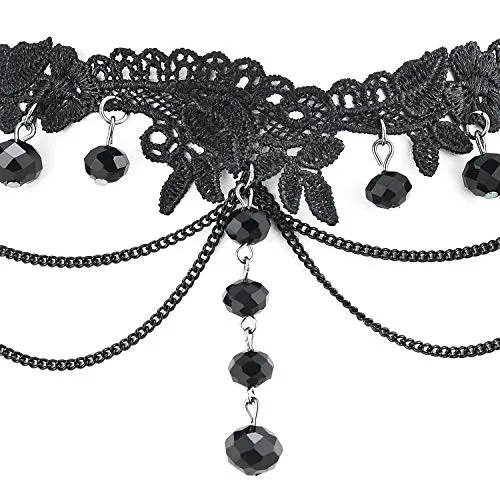 Gothic Victorian Nostalgic Black Lace Choker Necklace with Long Dangling Black Beads and Chains