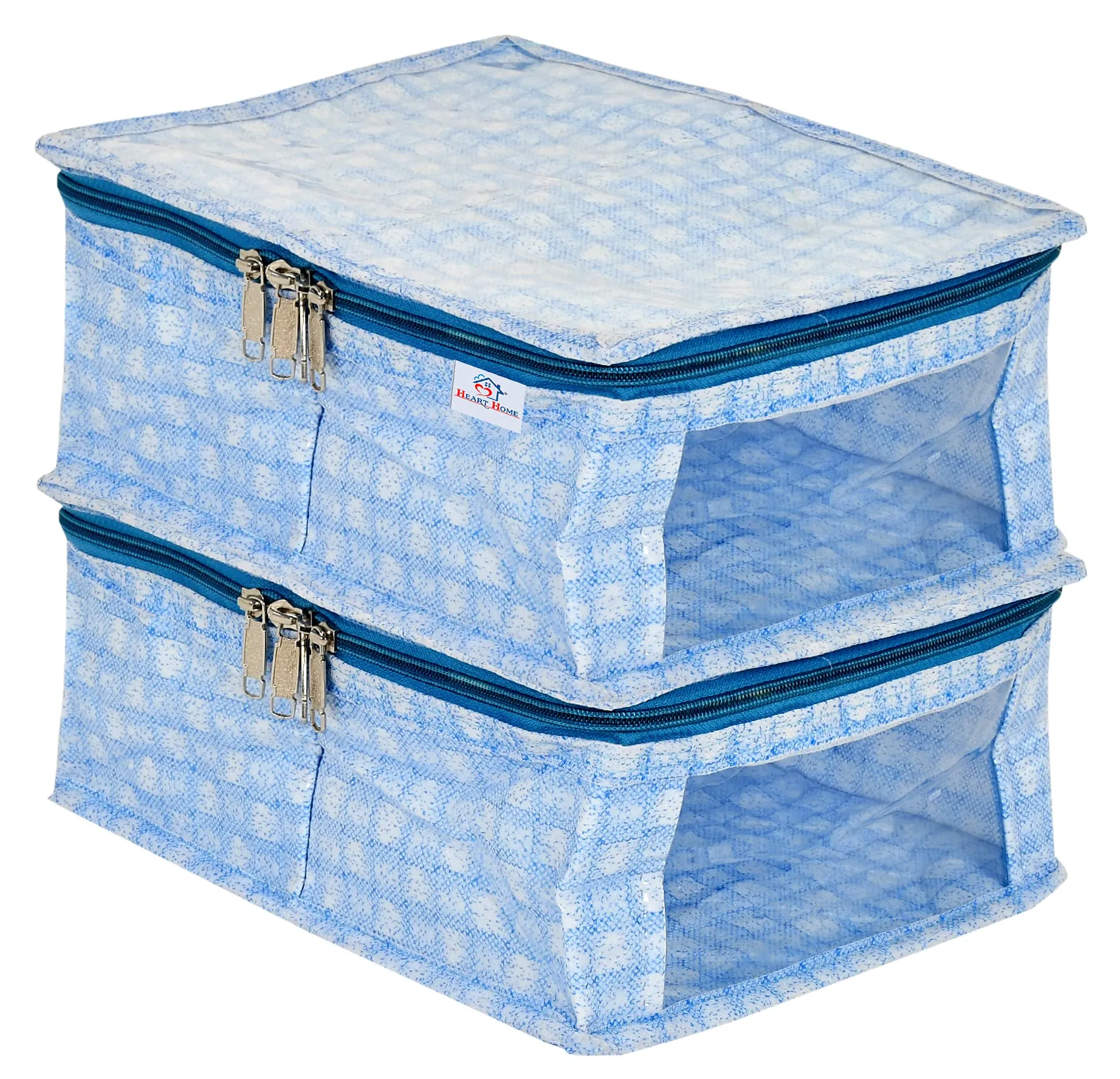 Heart Home Check Design Laminated PVC Undergarments Organizer Bag With 2 Compartments & Tranasparent Window- Pack of 2 (Blue)-HS_38_HEARTH21268