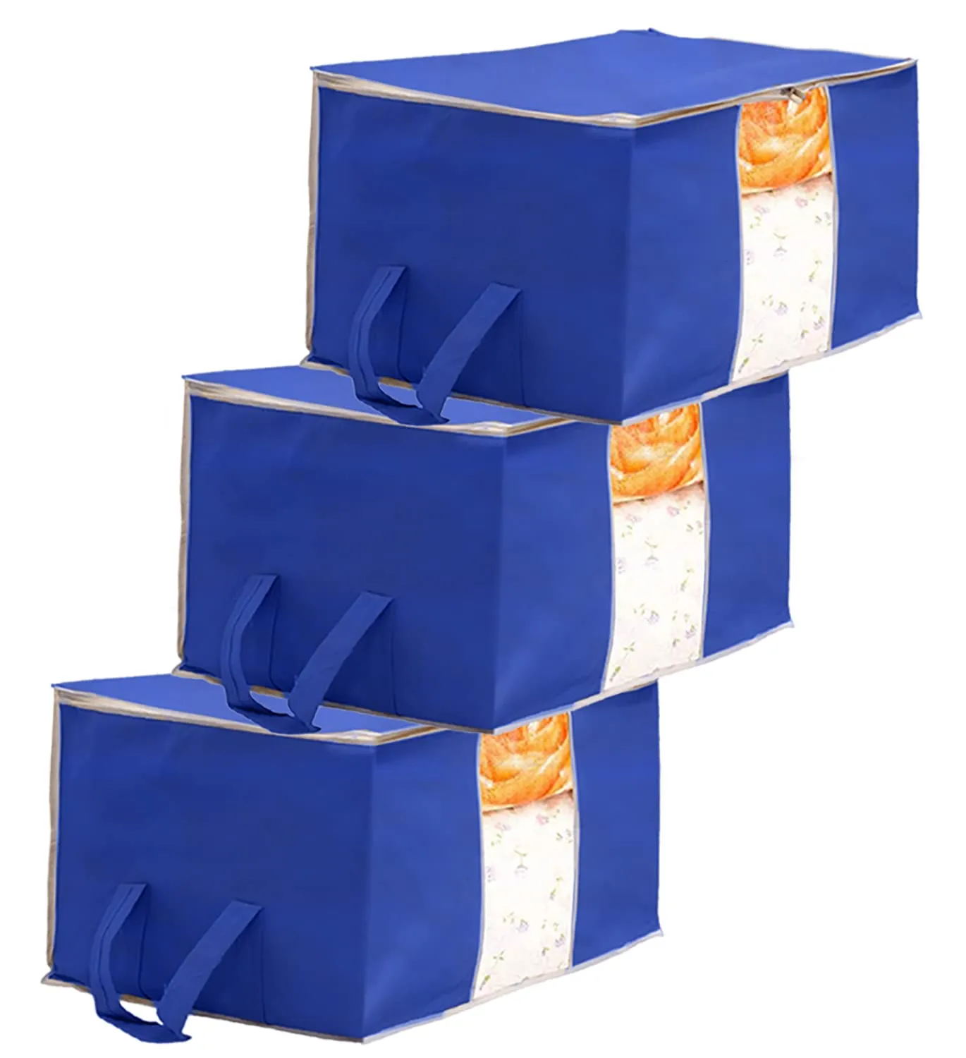 Heart Home Non Woven Underbed Storage Bag With Transparent Window- Pack of 3 (Blue)-HS43HEARTH26722