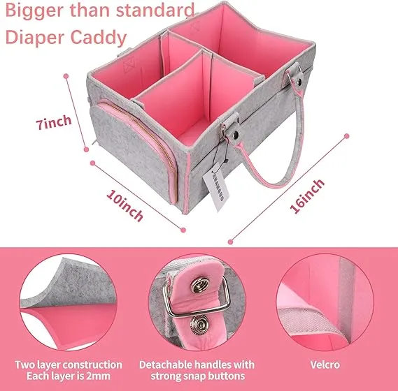 Large Felt Diaper Caddy Organizer | Portable Baby Shower Gift Basket and Craft Caddy (Pink)