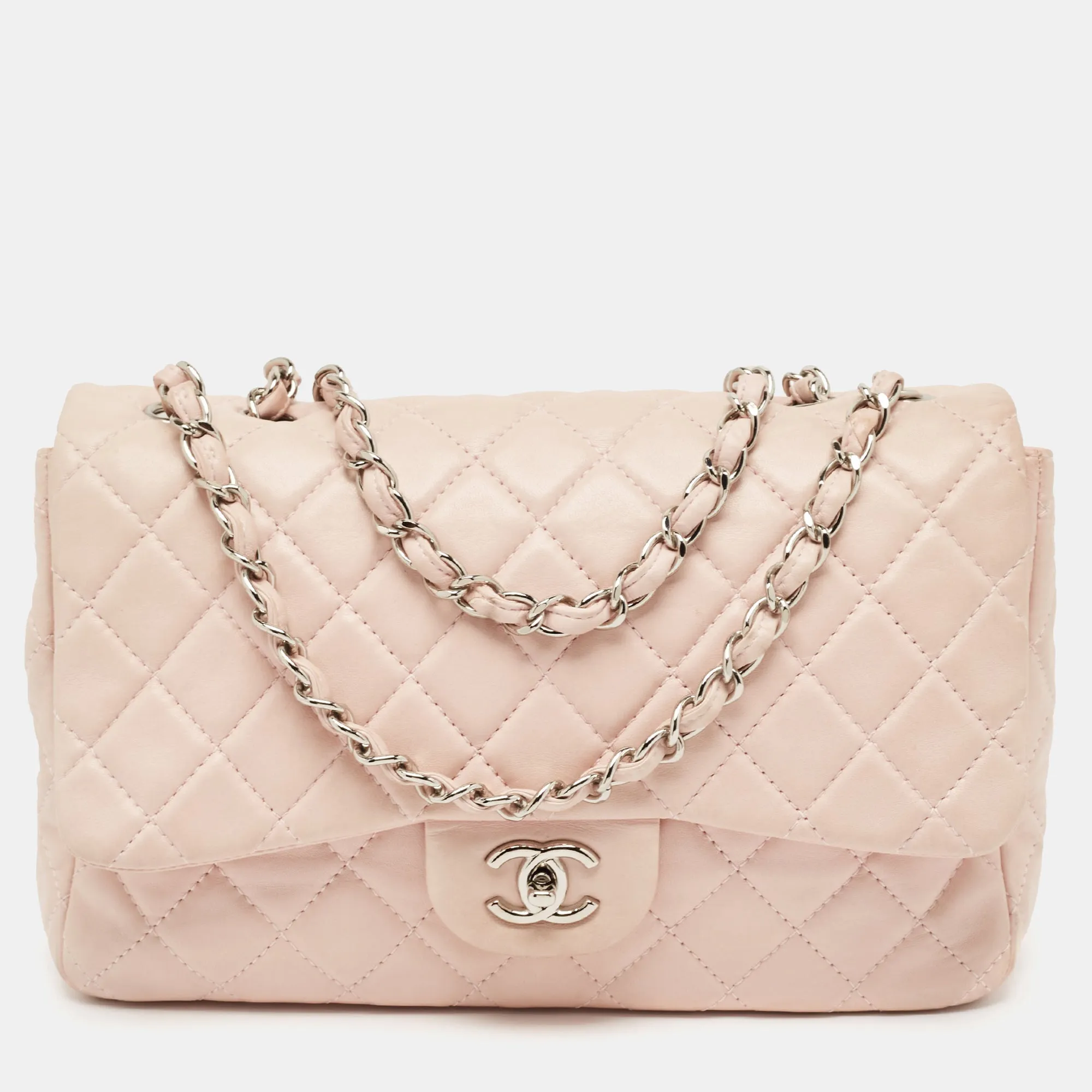 Light Pink Quilted Leather Jumbo Classic Single Flap Bag