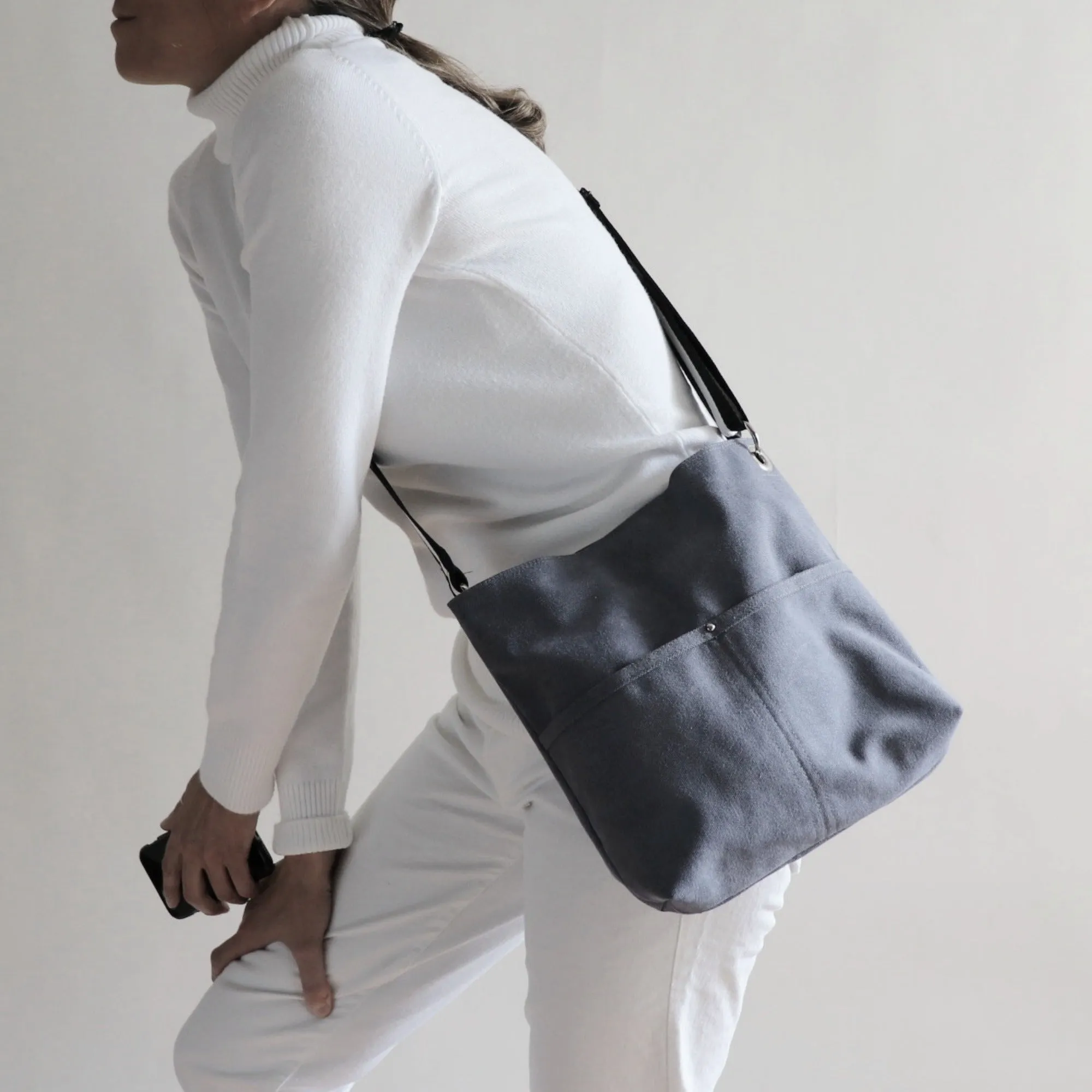 Medium Hobo Bag in Dark Charcoal Gray Canvas