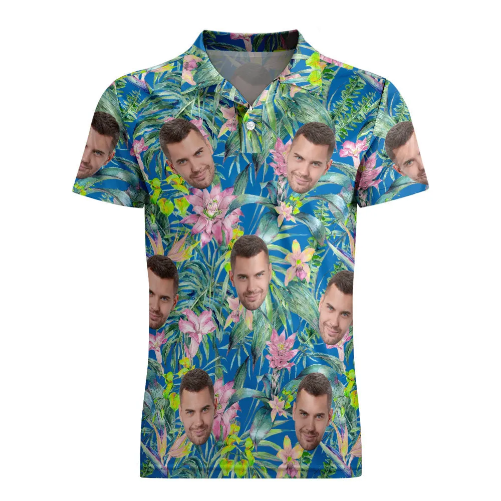 Men's Custom Face Polo Shirt Personalised Hawaiian Golf Shirts - Pink Flower