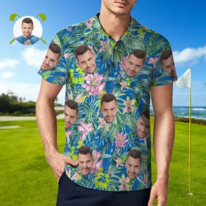 Men's Custom Face Polo Shirt Personalised Hawaiian Golf Shirts - Pink Flower