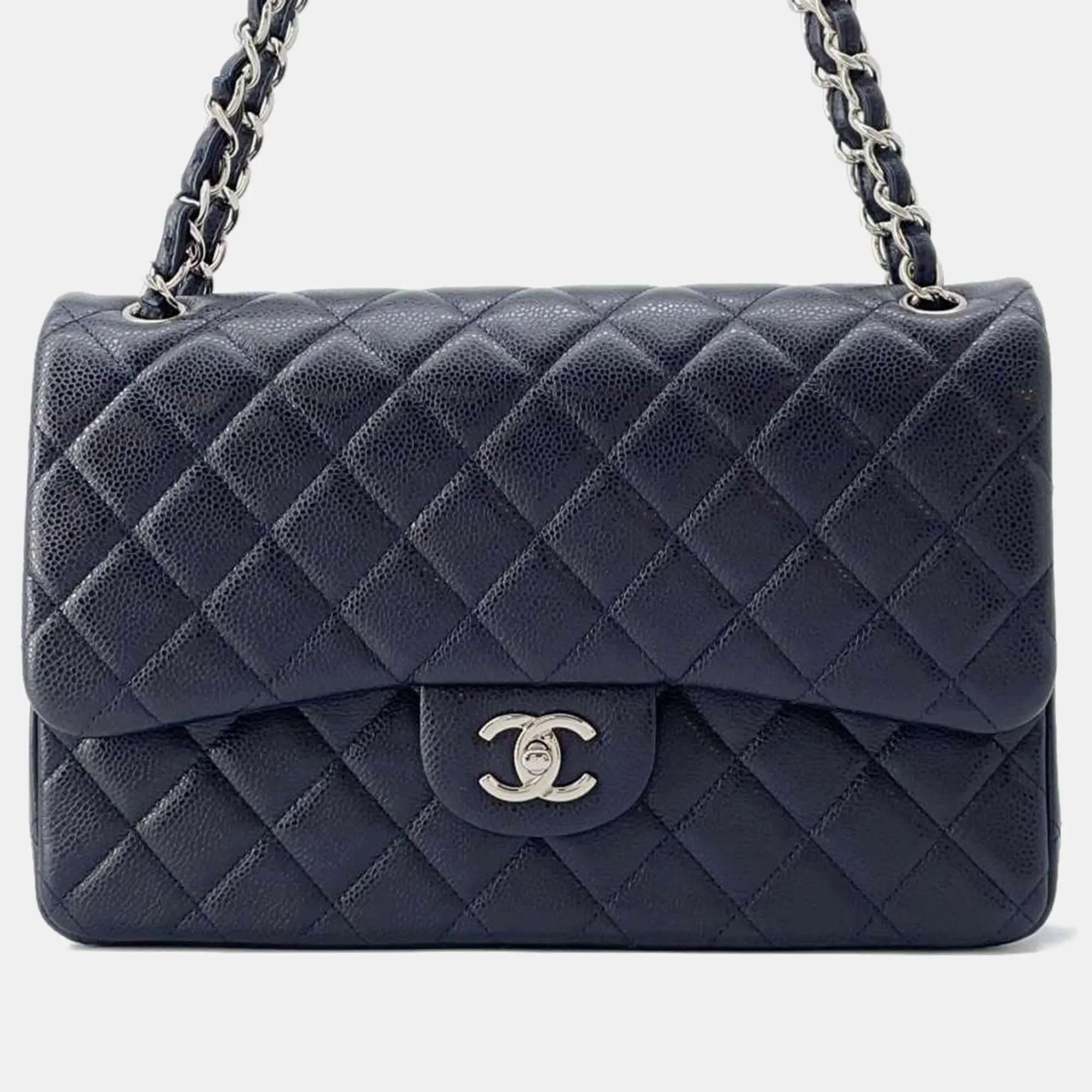 Navy Blue Caviar Leather Classic Double Flap Shoulder Bag