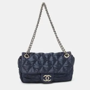 Navy Blue Quilted Satin Medium Classic Single Flap Bag