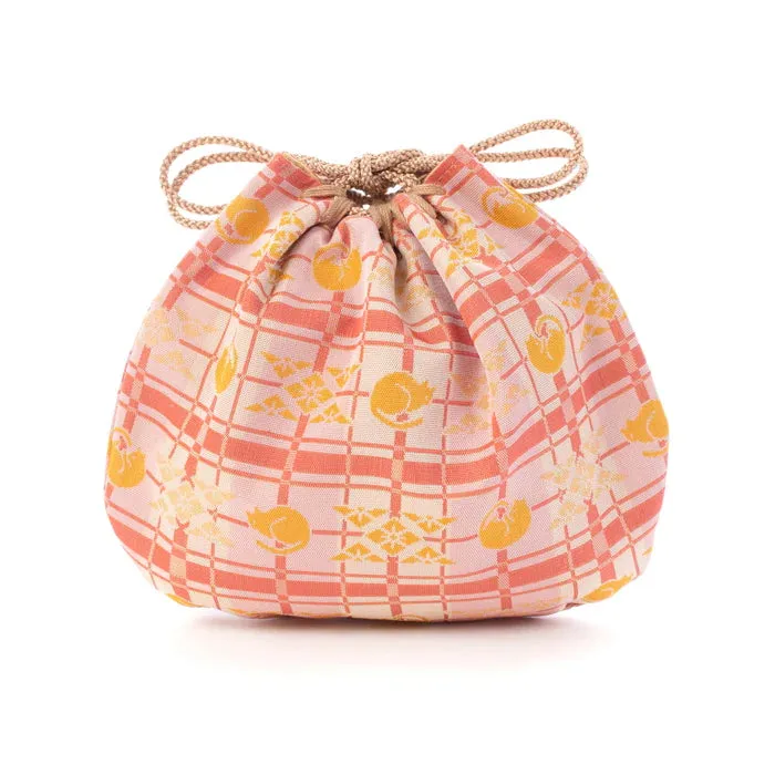 Nishijin-ori Small Drawstring Bag - Cat / Pink -,  Made in Kyoto, Japan,  Japanese traditional craft purse