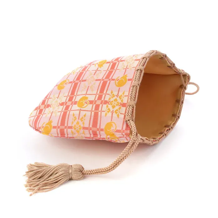 Nishijin-ori Small Drawstring Bag - Cat / Pink -,  Made in Kyoto, Japan,  Japanese traditional craft purse