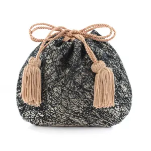 Nishijin-ori Small Drawstring Bag - Crumpled Pattern / Silver and Black -,  Made in Kyoto, Japan,  Japanese traditional craft purse